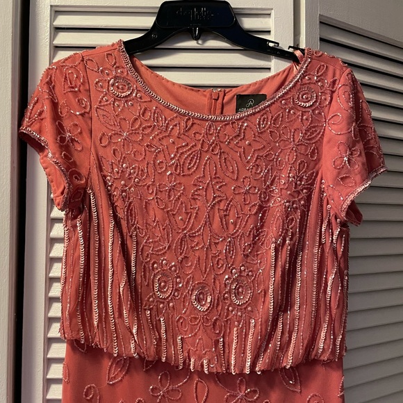 Adrianna Papell Beaded Short-Sleeve Sheer-Overlay sugar poppy Gown - Picture 3 of 5